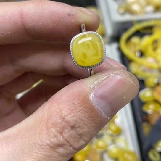 蜜蜡裸石银S925镶嵌戒指