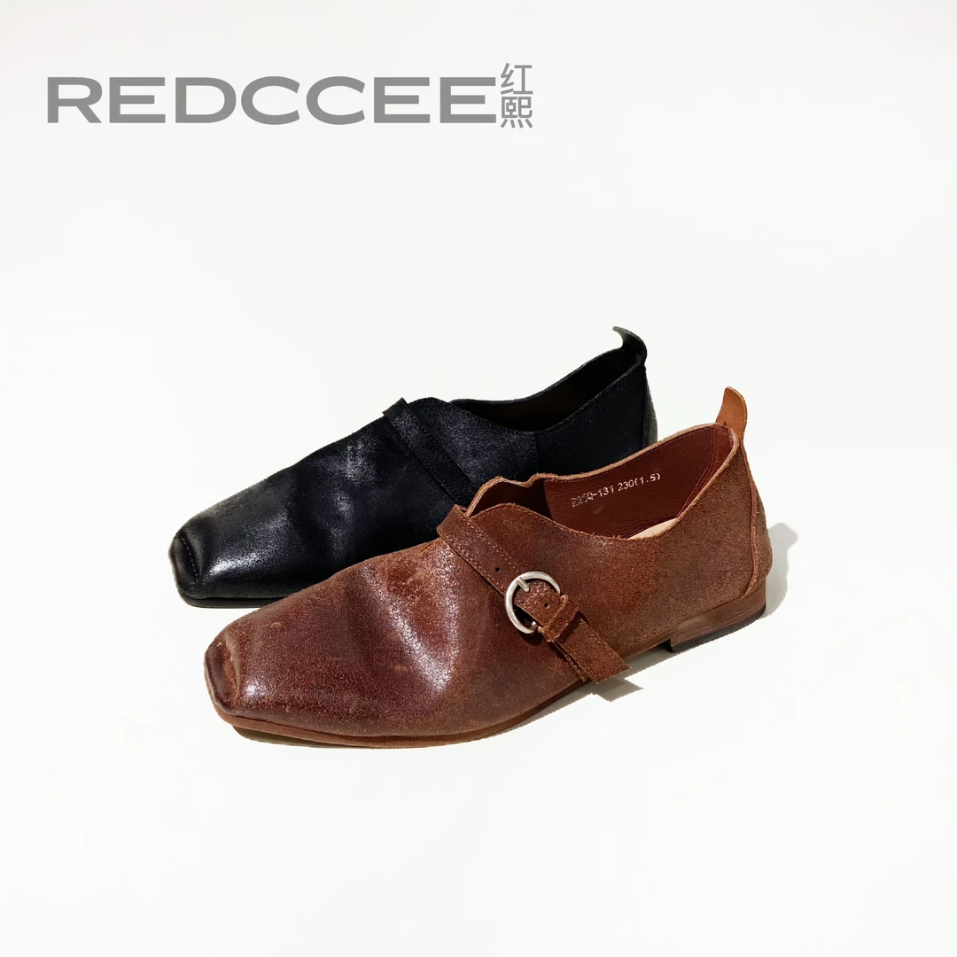 复古浅口粘胶鞋欧美风平跟水洗牛皮单鞋乐福鞋中口森系搭扣