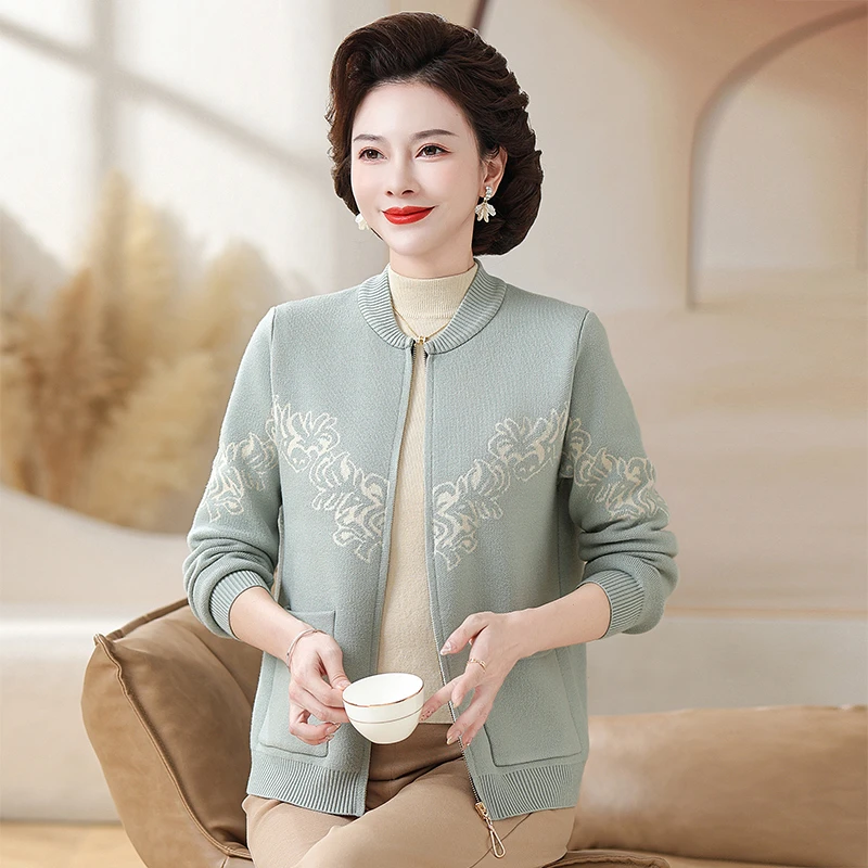 妈妈春装新款时尚针织外套洋气高贵中老年女装春秋季拉链毛衣开衫