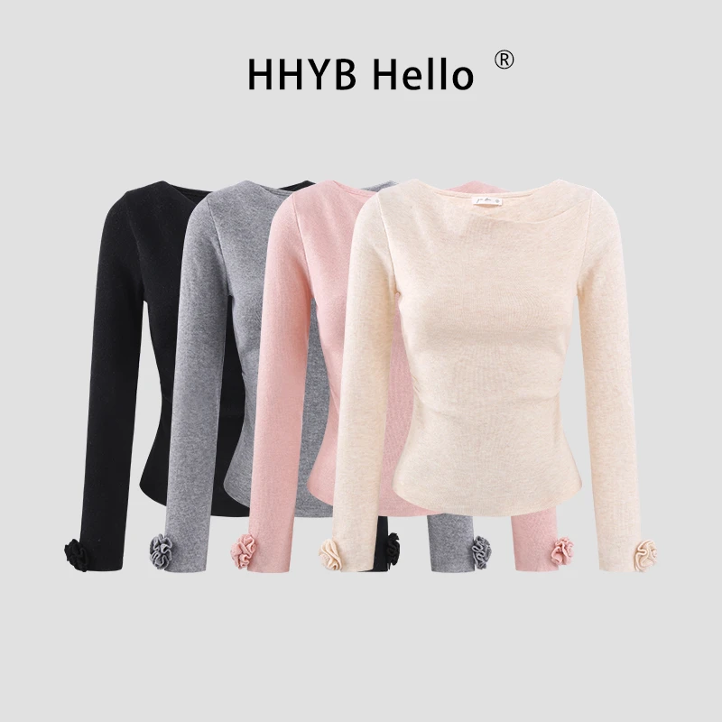 HHYB Hello荡领长袖t恤女早秋设计感修身针织衫打底衫上衣M1642