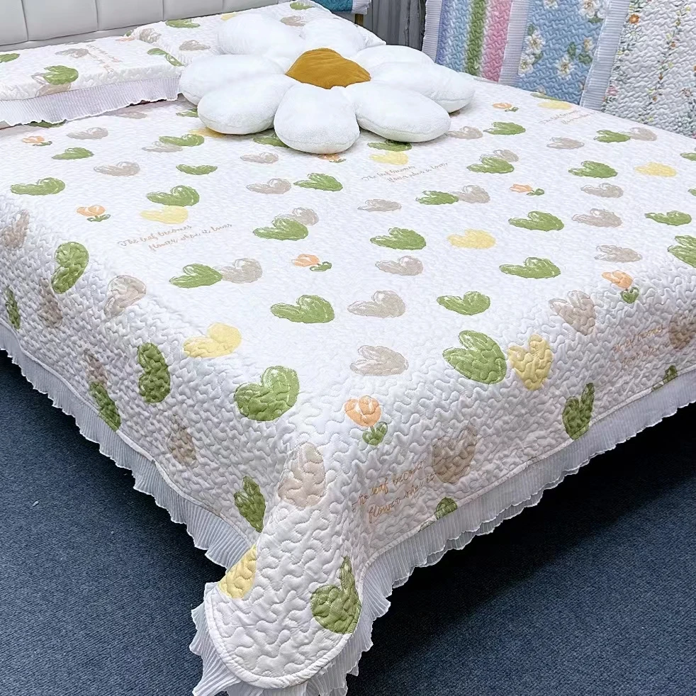 水洗棉花边床盖四季通用轻奢加大绗缝三层夹棉床裙款床单双面可铺