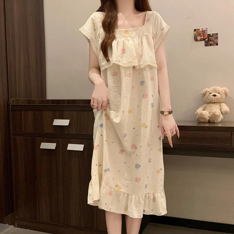 2025新款睡裙女款夏季薄款短袖云朵棉中长款女士夏天孕妇甜美睡衣