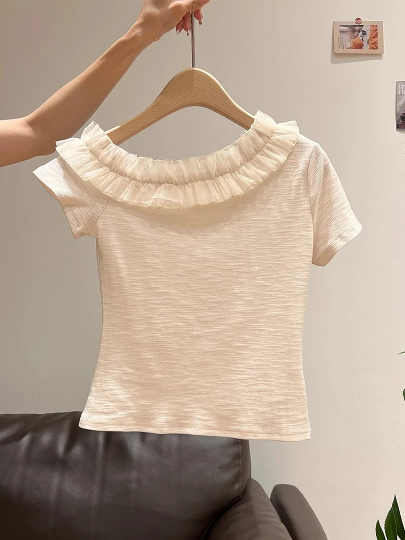 法式蕾丝修身型木耳边斜领一字露肩短袖t恤女2025夏季温柔上衣女