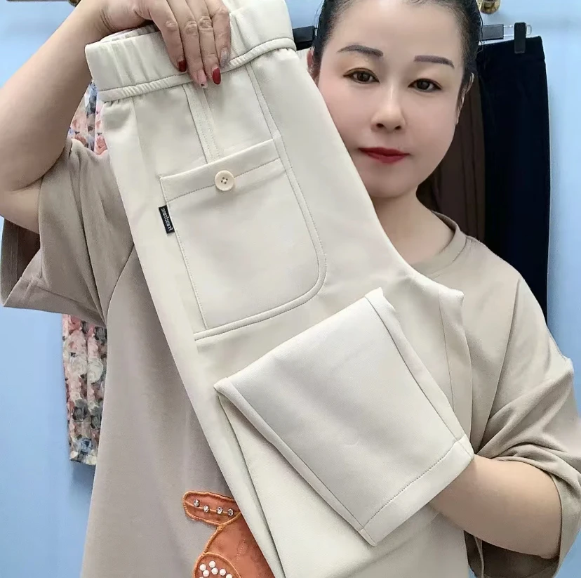 3052春季新款宽松舒适显瘦百搭妈妈裤时尚净版裤（裤长2尺8）