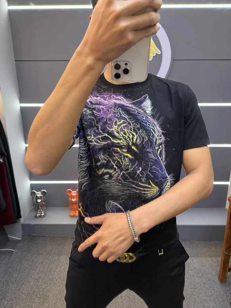 2025夏季男士新款高品质轻奢短袖T恤男彩虎头68216时尚