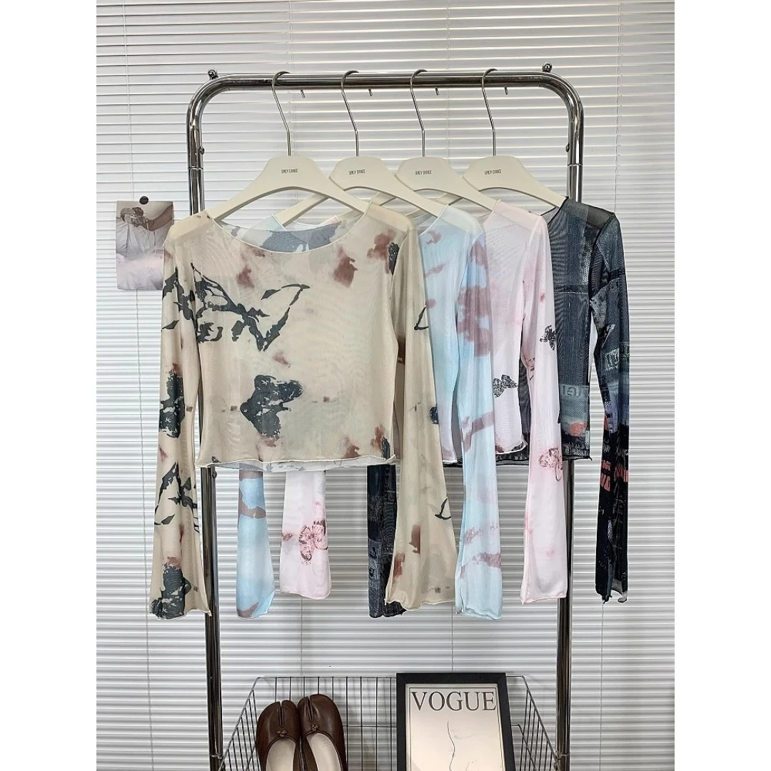 美式复古扎染长袖T恤女夏季辣妹设计感薄款防晒修身短款气质上衣