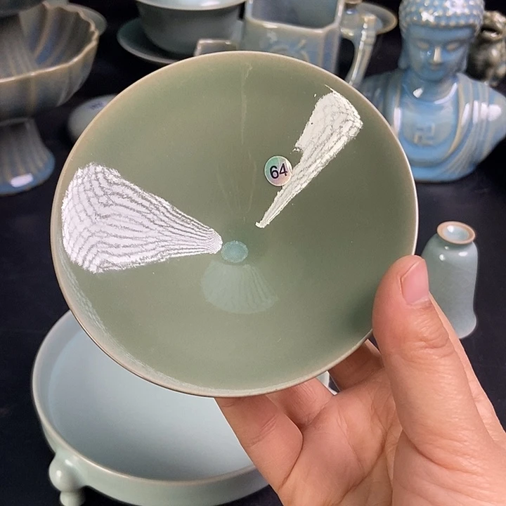 斗笠杯原矿青绿釉汝瓷