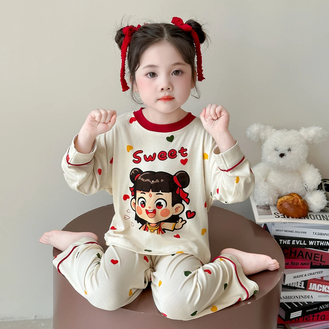 女童睡衣莫代尔长袖春秋季2025新款宝宝小女孩卡通可爱家居服套装