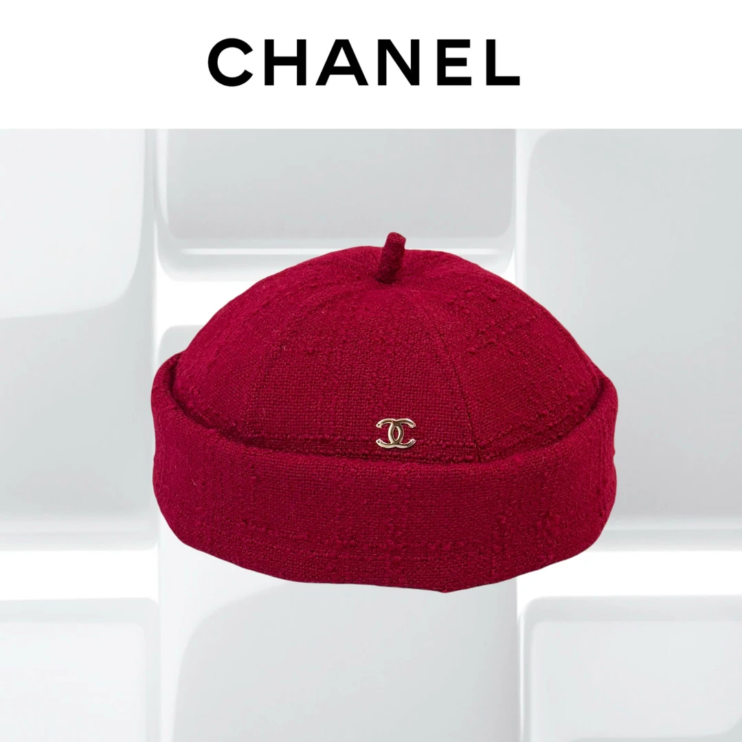99新 Chanel/香奈儿  M码 玫红色拼金色 双C 编织 帽子