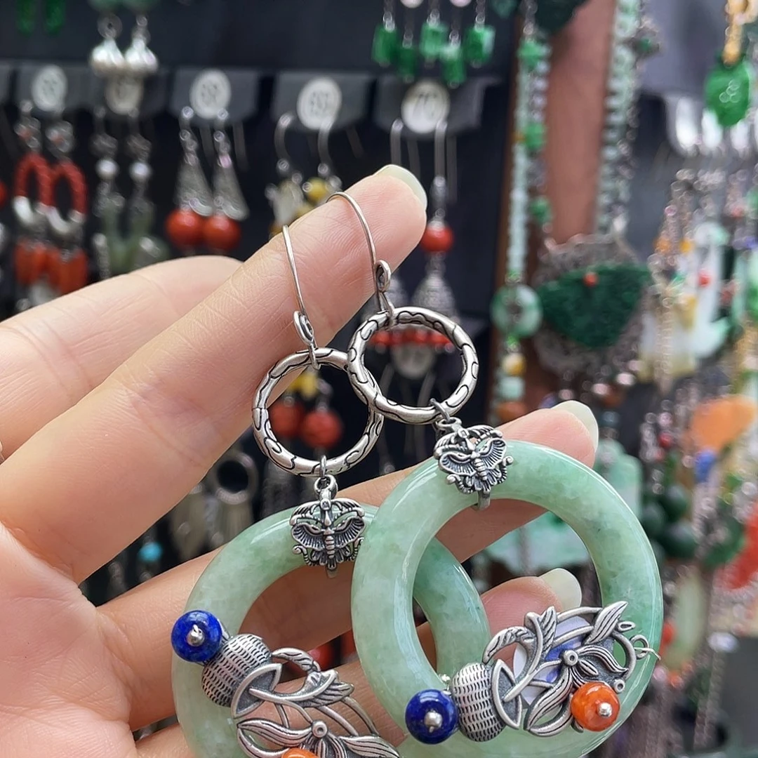 大***蛋翡翠银S925镶嵌耳饰704hhhgj