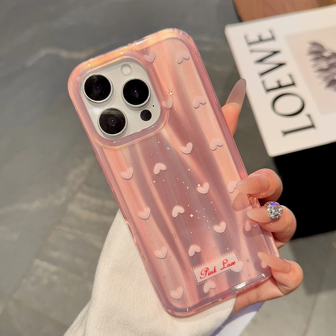 ins简约粉色涂鸦爱心带炼条适用苹果16promax手机保护壳iphone13