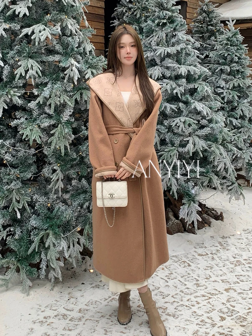 双面羊毛大衣女2025冬季中长款老花连帽大衣女