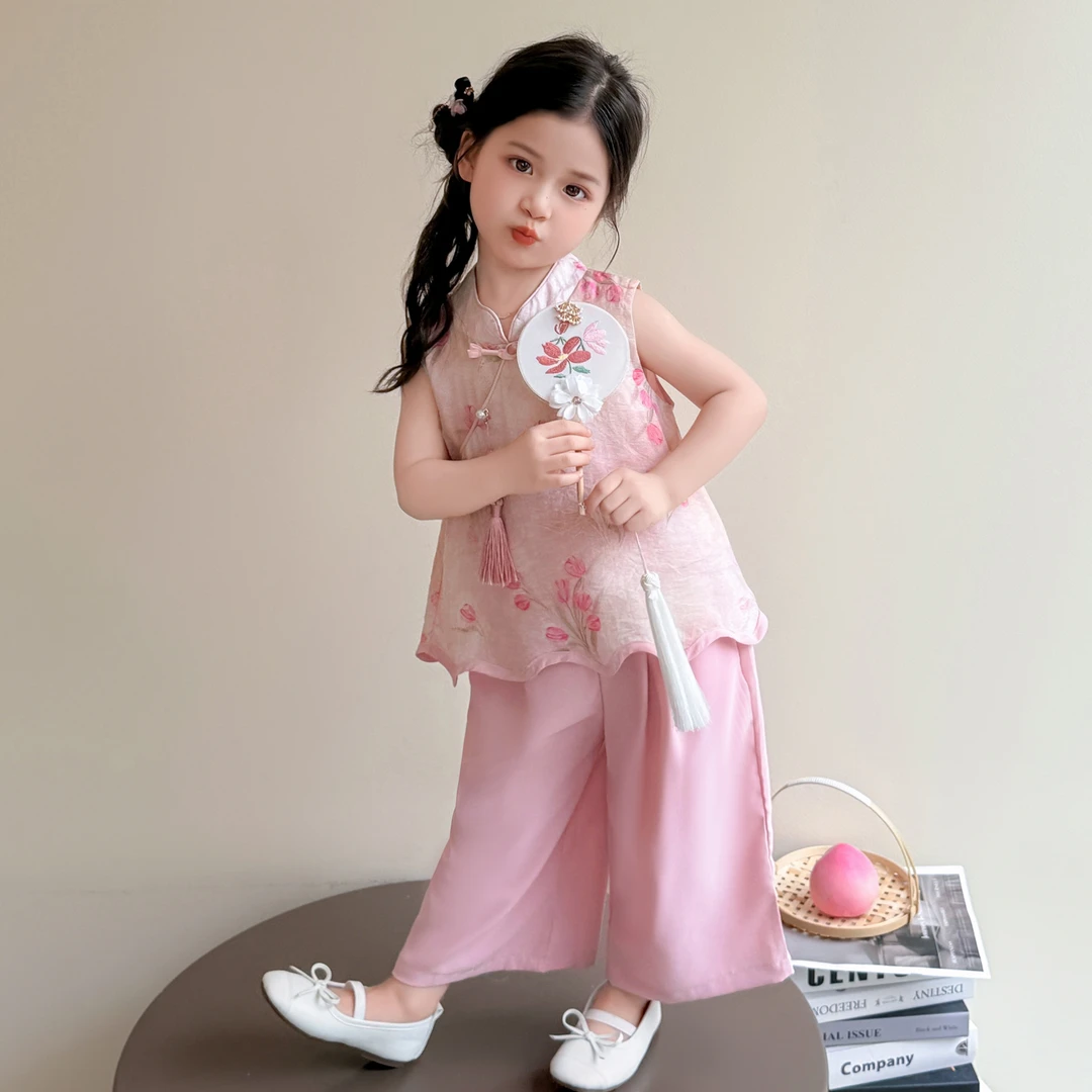 女童国风新中式印花背心套装2025夏季新款唐装汉服儿童古风两件套