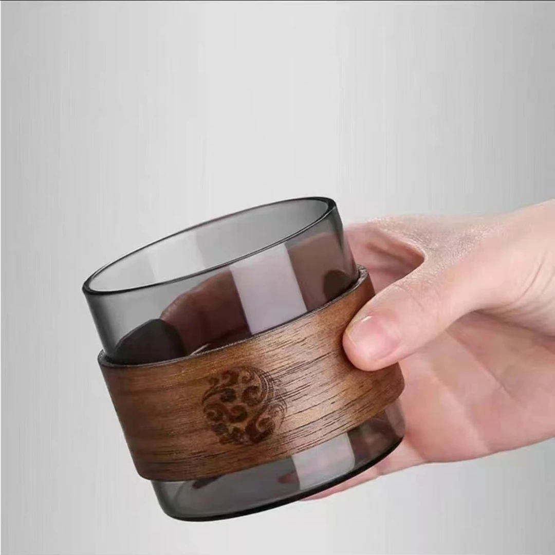 胡桃木日式玻璃茶杯耐热防烫主人杯品茗杯家用个人单杯功夫茶道杯