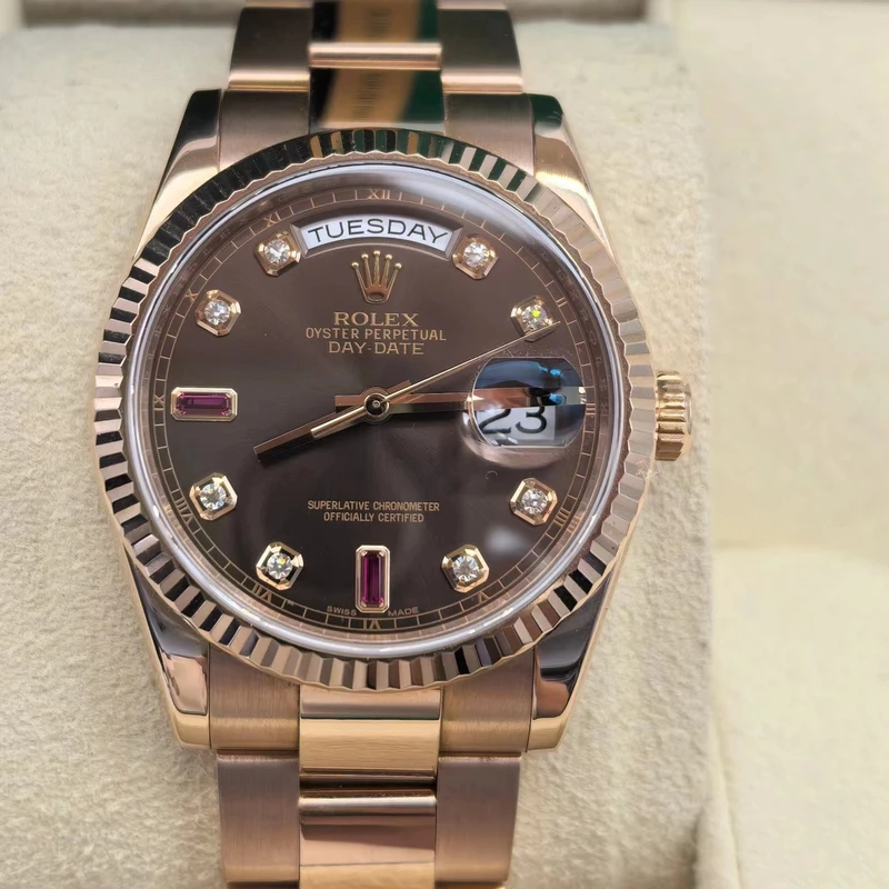 95新 Rolex/劳力士 单表/星期日历 36mm/118235/69红宝少见咖盘