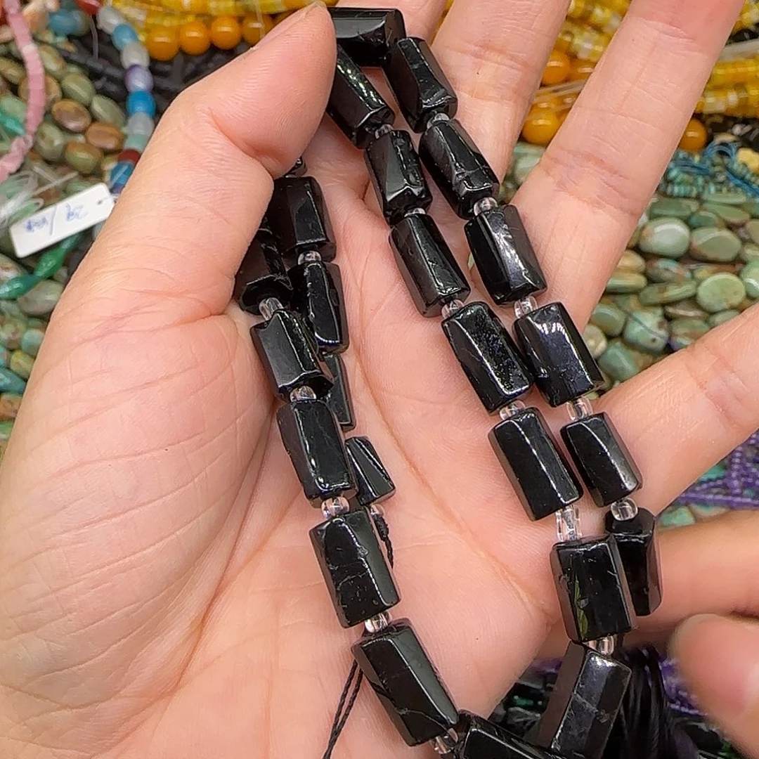 玛瑙/玉髓合金珠宝半成品黑碧玺7mm桶珠一条