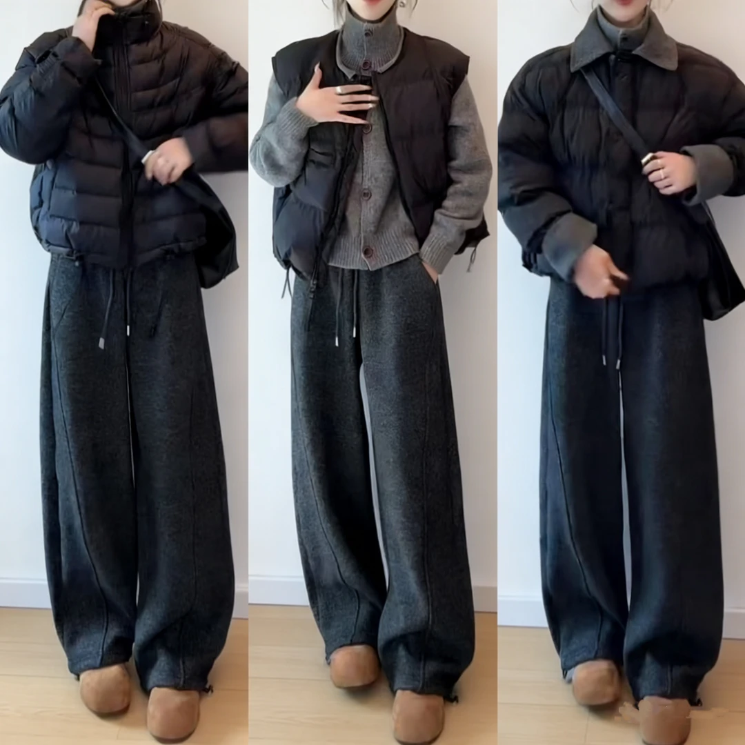 【【可冰专属】正版原版羊绒毛呢冬加绒加厚阔腿裤女高腰垂感弯刀裤