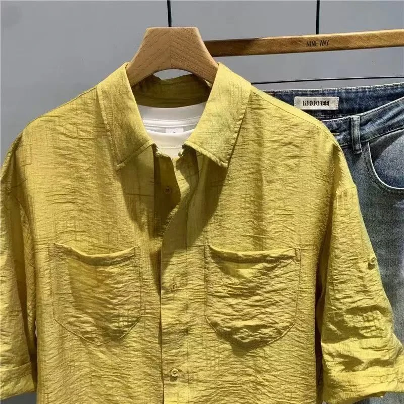 短袖小众男韩版潮流夏季薄款男生痞帅衬衣港风日系工装五分袖上衣