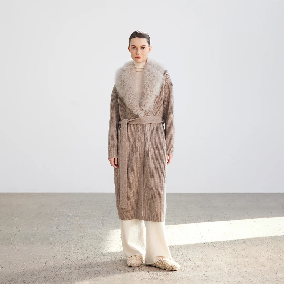 QIQIFUR 山羊绒皮草装饰翻领拼接针织羊绒羊毛面料长开衫外套大衣