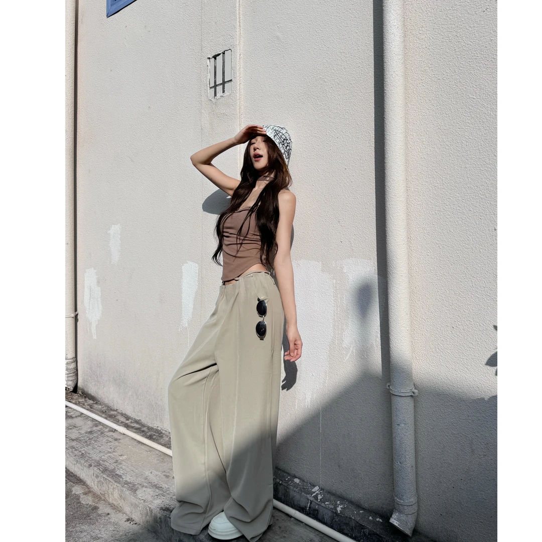 【NNZ】3111#绑腰绳毛须设计长腿特效高腰垂感宽松直筒阔腿裤拖地裤