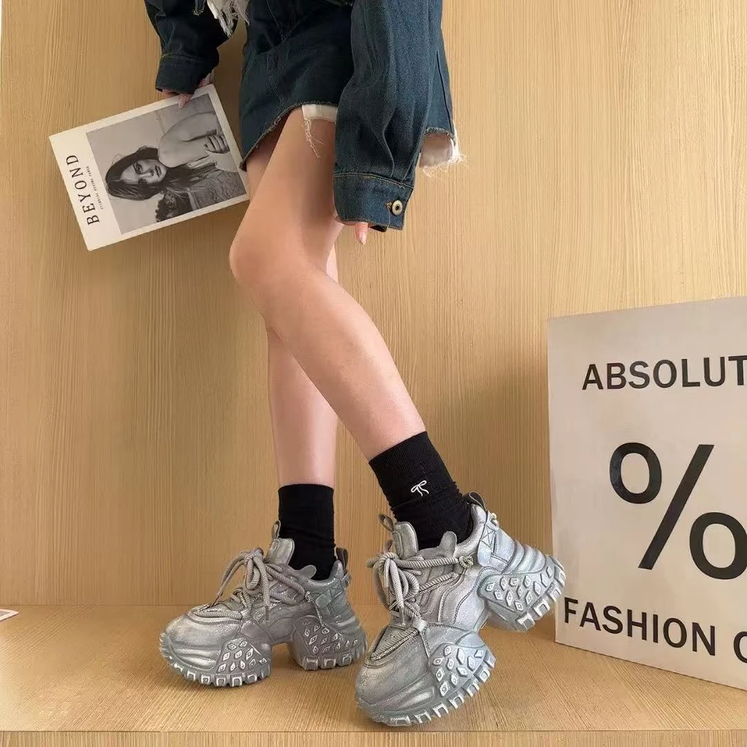 C2251 灰色  时尚百搭厚底圆头系带女休闲老爹鞋