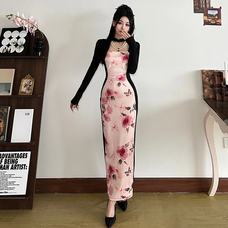 GDNH 古韵温柔新中式玫瑰晕染遮肉肉修身显瘦连衣裙女K24D61052