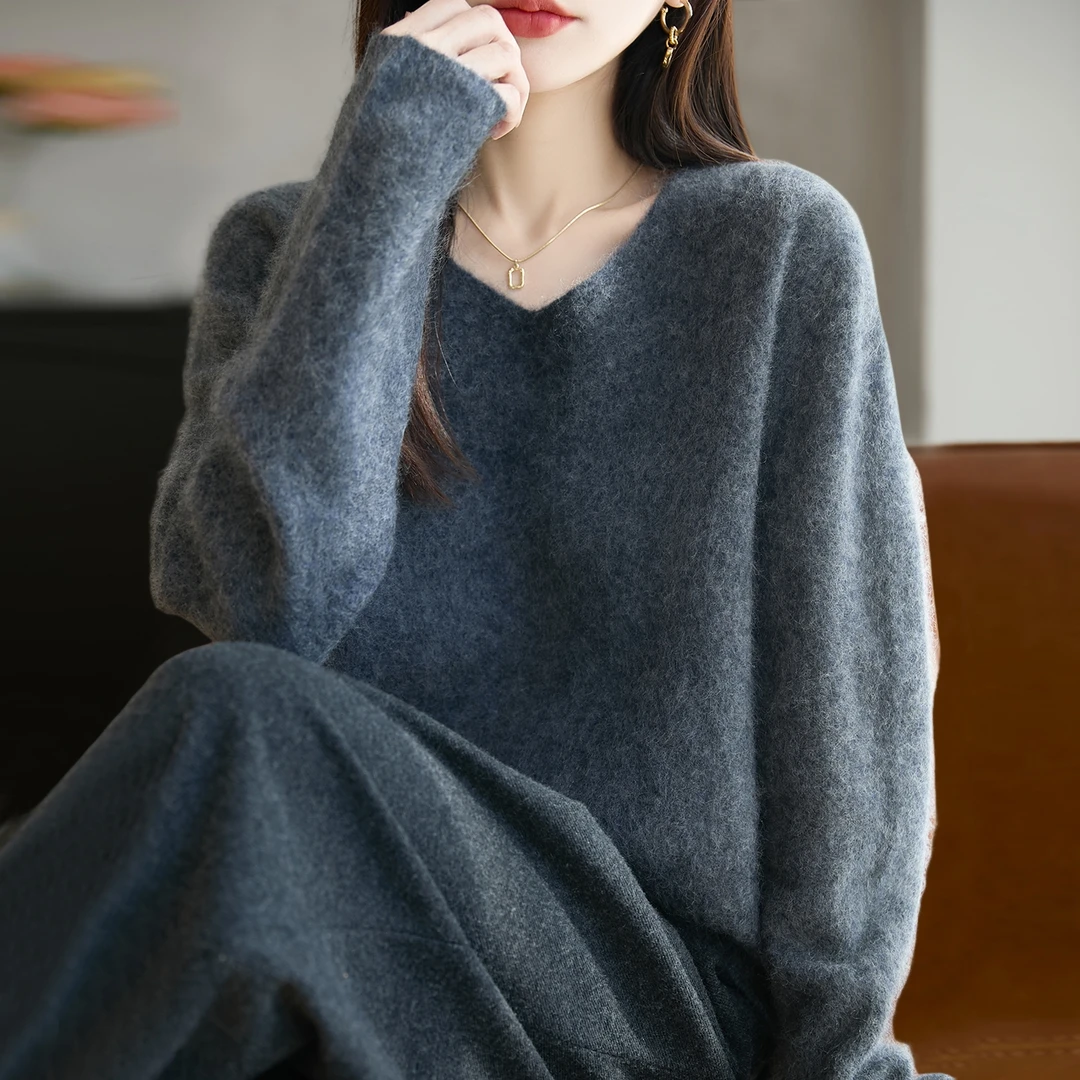 鄂尔斯市100%羊毛衫女士秋冬新款V领拉毛羊绒毛衣内搭宽松打底衫