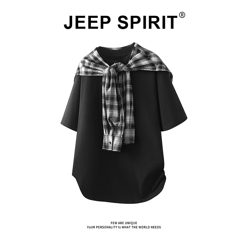 JEEPSPIRIT吉普带披肩短袖T恤男夏季休闲百搭纯棉半袖上衣两件套