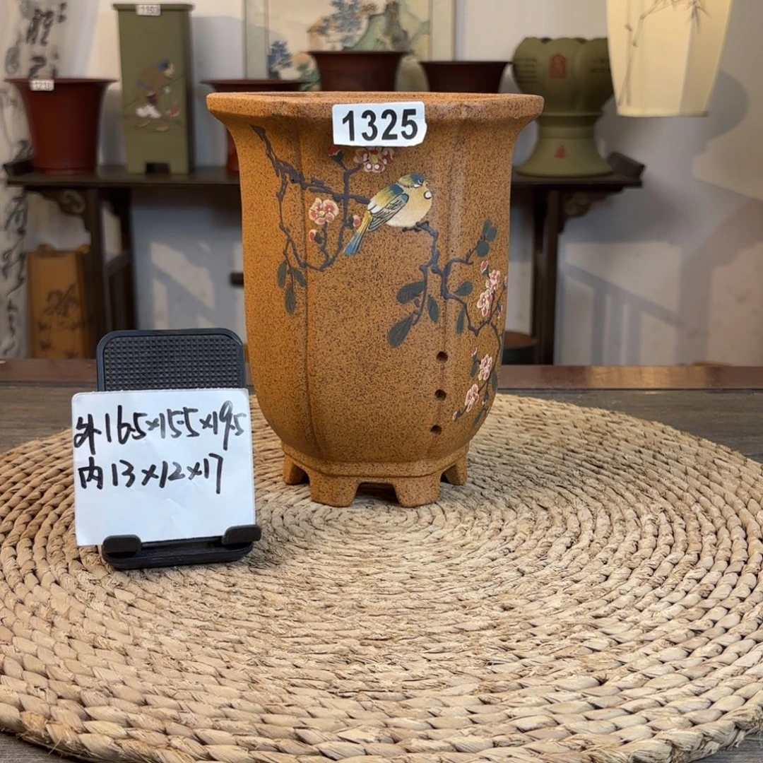 紫砂花盆 柴烧手绘菱花1325