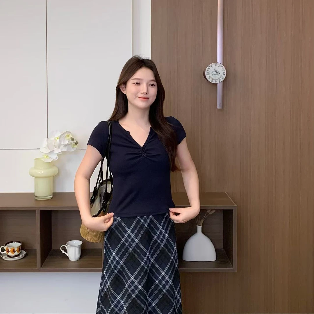 小羽酱小个子定制夏季韩版简约休闲百搭纯色短袖褶皱V领显瘦T恤