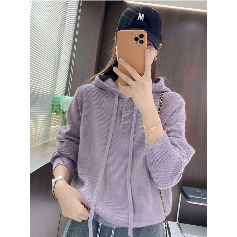 IMFL小金 针织衫休闲帽衫毛衣连帽针织上衣宽松显瘦休闲洋气上衣