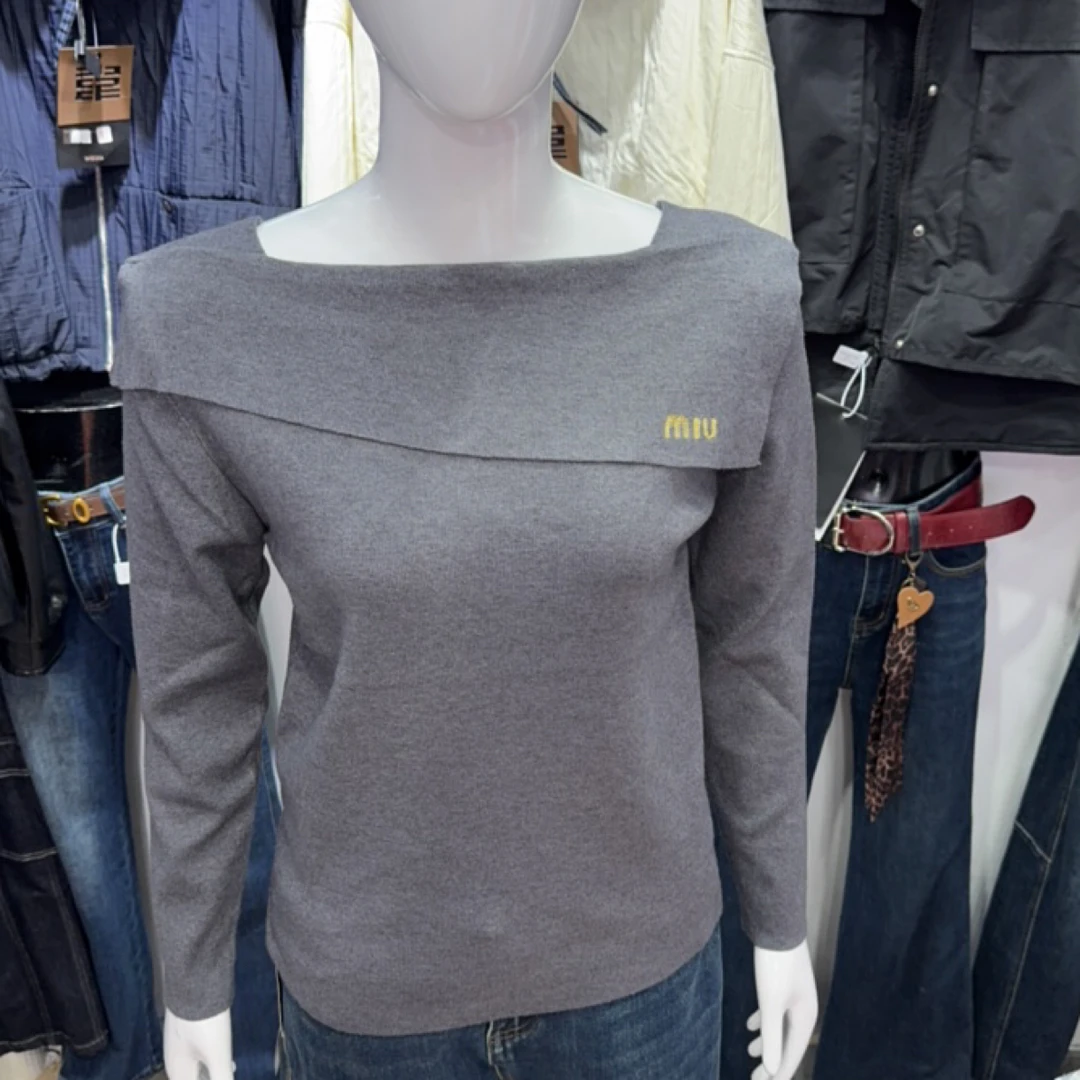 长袖字母一字领毛针织衫针织纯欲风纯色时尚修身