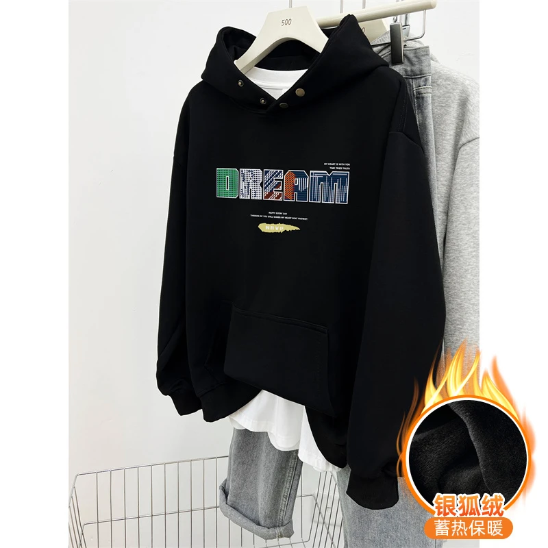 纽扣连帽卫衣男女秋冬季潮牌设计感字母印花宽松大码加绒加厚上衣