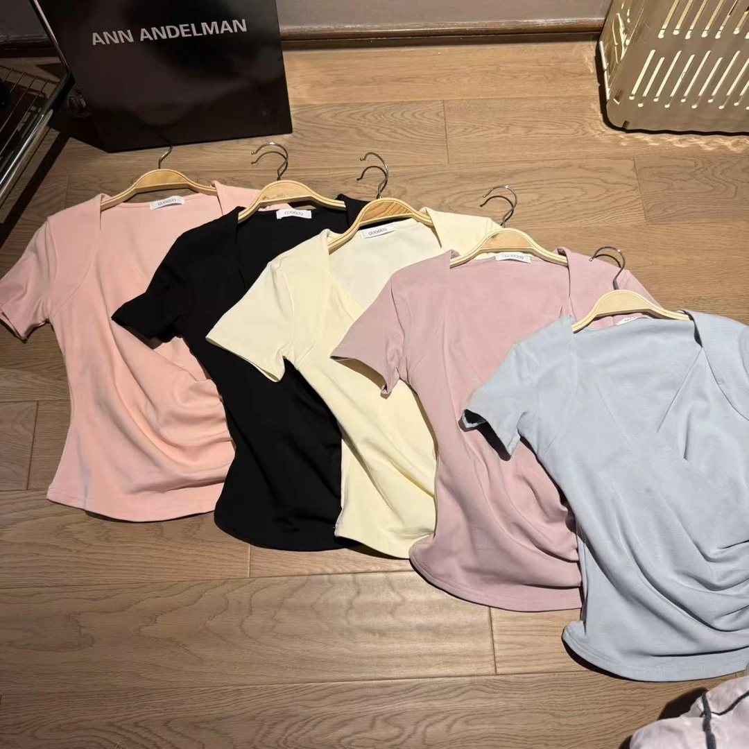 馨儿专属设计感小众交叉V领短袖T恤修身显瘦上衣ZS40958