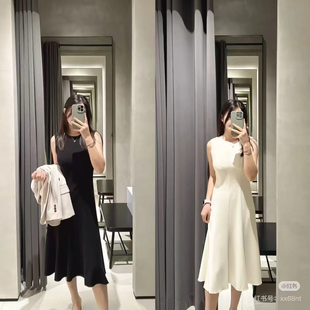 醋酸收腰修身显瘦大摆无袖鱼尾连衣裙简约通勤风