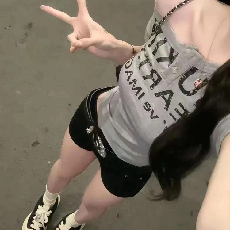 2025夏季美式辣妹斜肩短袖T恤女露肩短款上衣网红显瘦韩版印花