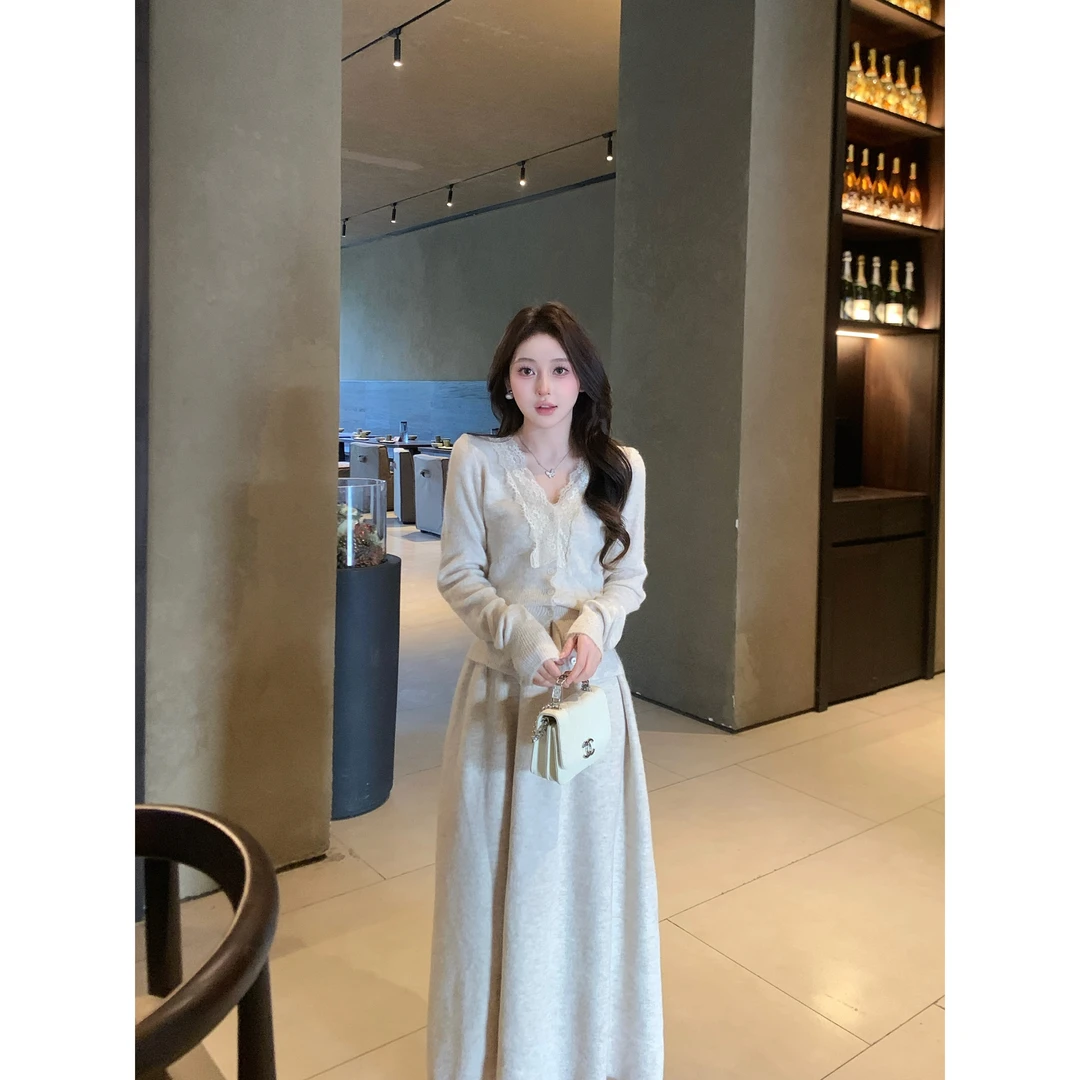 9018蕾丝漂亮小香风针织套装裙女秋冬高级感小个子显高时尚两件套