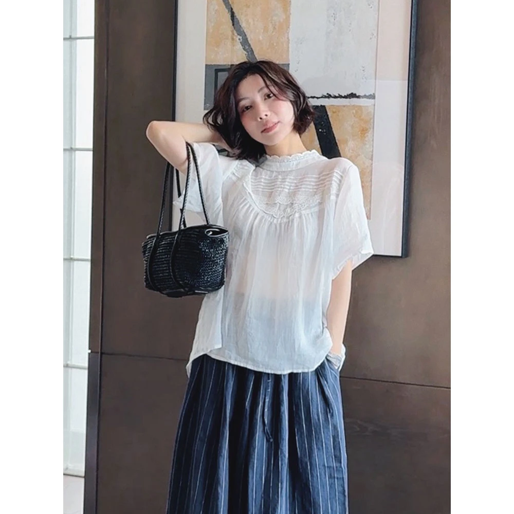 【MGDM】高智老钱甜美100苎麻蕾丝拼接短袖上衣轻薄防晒罩衫衬衫
