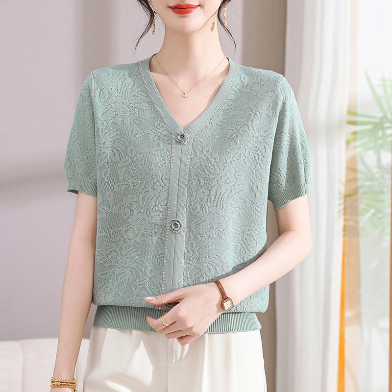 中年妈妈夏天短袖t恤女2025新款洋气高贵上衣夏季薄款天丝针织衫