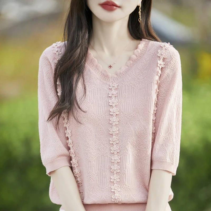 FanVHA舒适夏季薄款V领针织衫T恤女时尚休闲宽松蕾丝半袖上衣