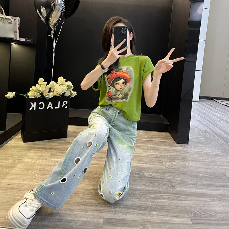 时尚减龄搭配一整套夏装辣妹设计感牛仔裤显高两件套时髦潮流女装