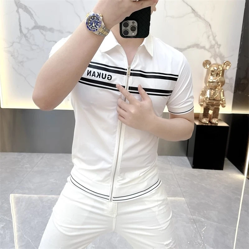 欧货轻奢高品质短袖T恤男时尚百搭半袖拉链翻领条纹印花上衣5510