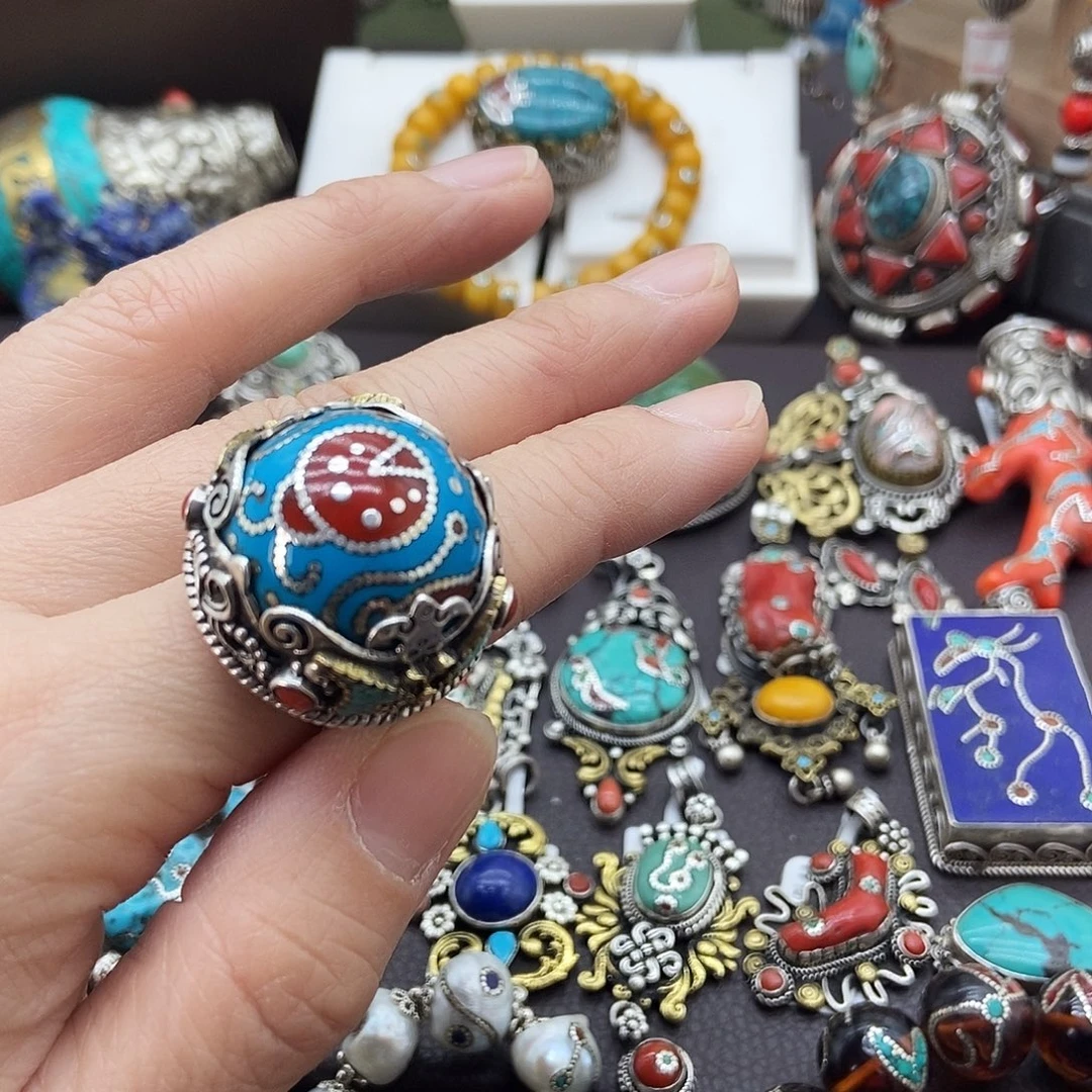 绿松石银S925镶嵌戒指坤尼泊尔手工制作