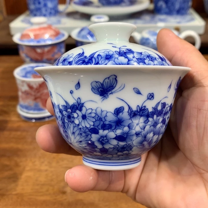 柴窑青花蝶恋花盖碗