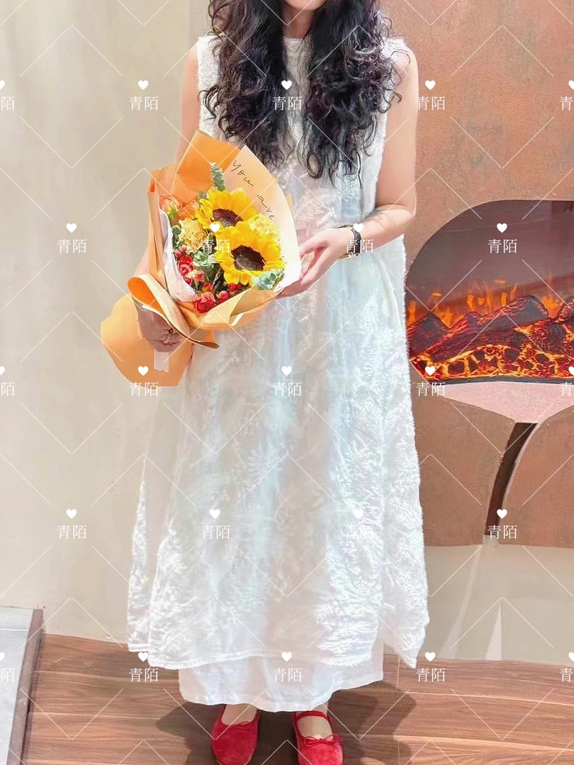 苎麻水貂绒刺绣无袖背心连衣裙气质绣花少女时尚度假拍照好看长裙