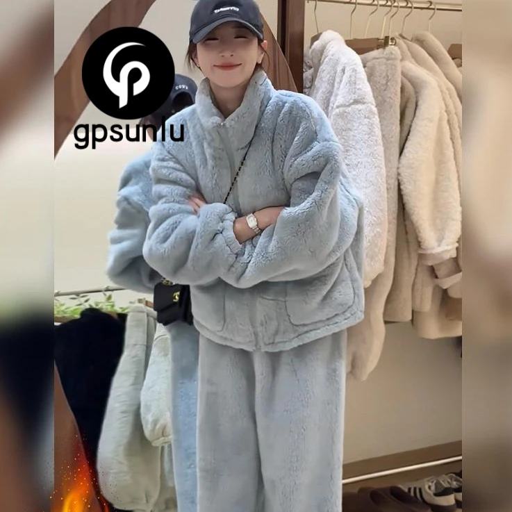 gpsunlu立领加厚珊瑚绒家居服秋冬款韩版休闲时尚女士运动睡衣