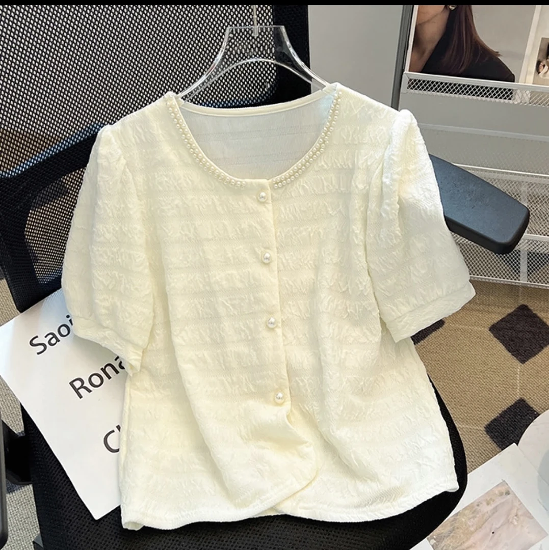 【媛媛家】冰丝蕾丝珍珠开衫短袖697