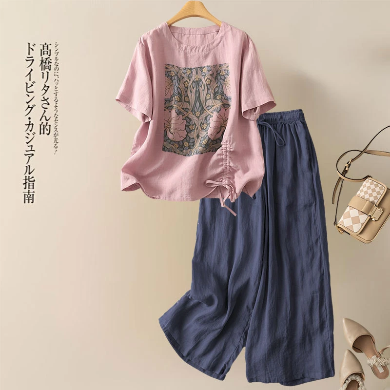 2025年夏季新款大码妈妈上衣亚麻阔腿裤两件套时尚洋气苎麻套装女