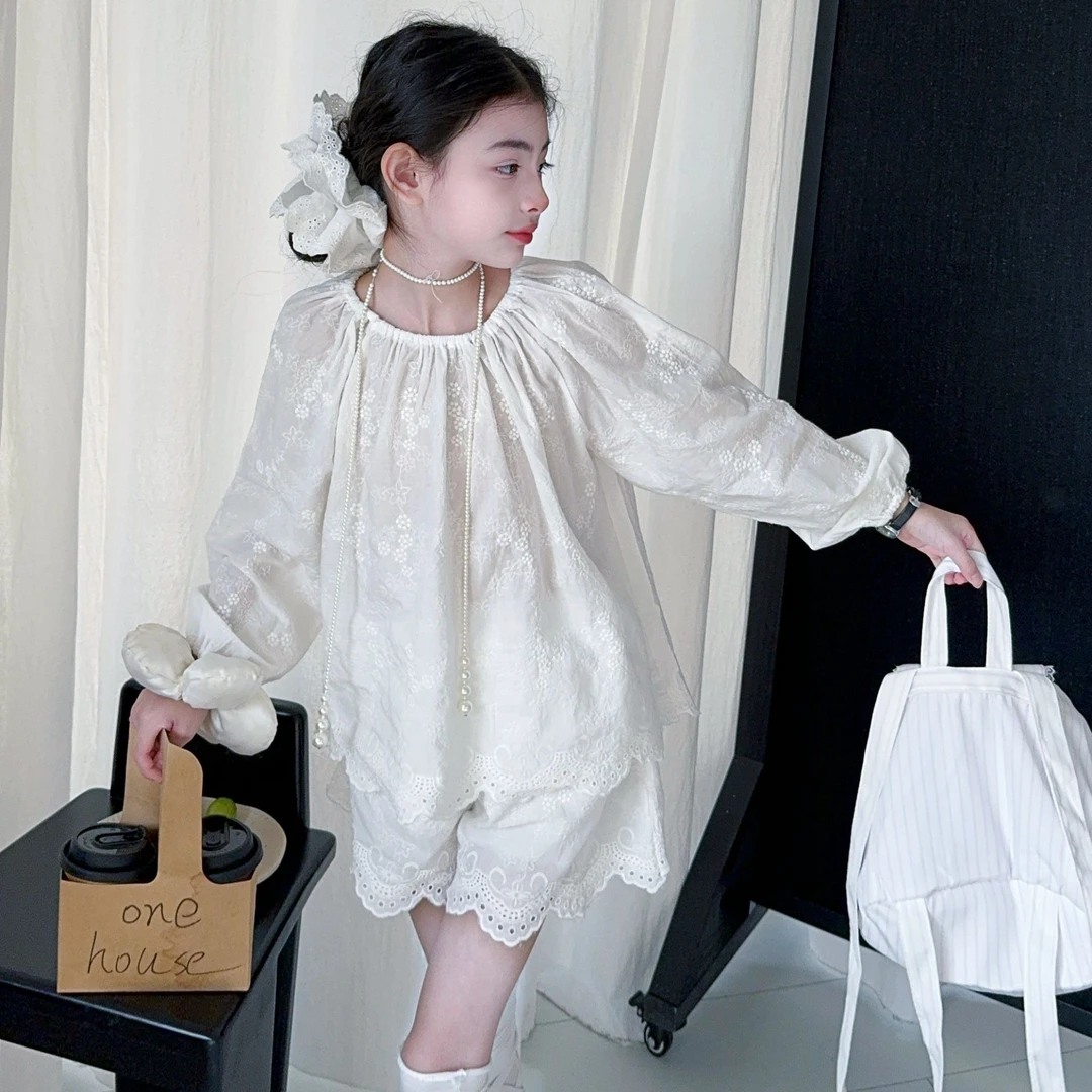 儿童棉布甜美提花刺绣睡衣女童公主蕾丝长袖家居服6-12岁女孩套装