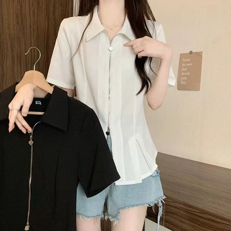 3684大码胖MM夏季时尚百搭通勤风格设计正肩短袖衬衫上衣2379